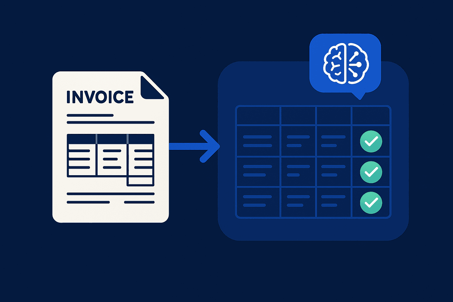 Scanned invoice morphing into a structured table with green validation checkmarks and a small AI insight bubble